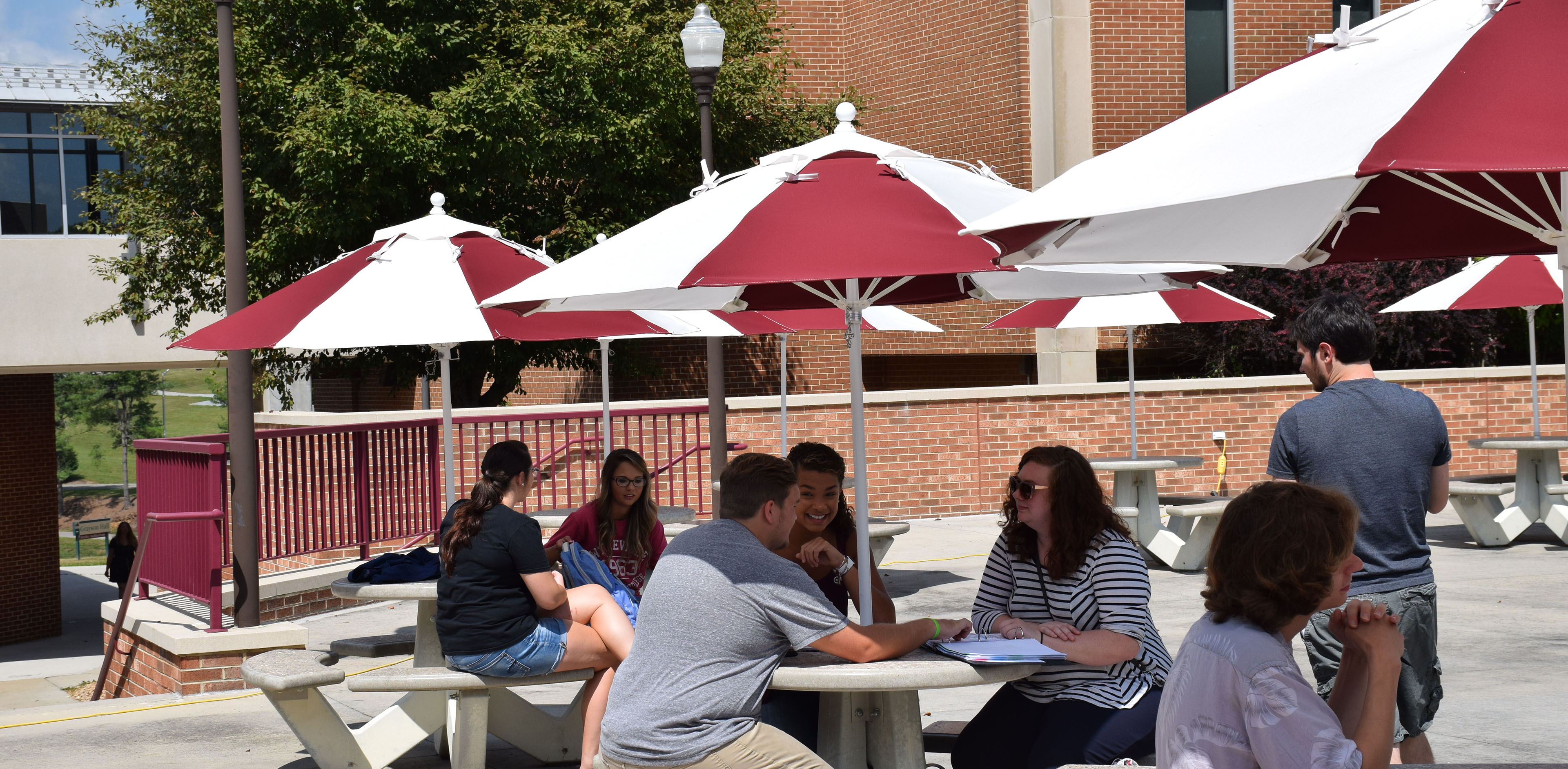 Students sitting together at the picnic tables in the courtyard
