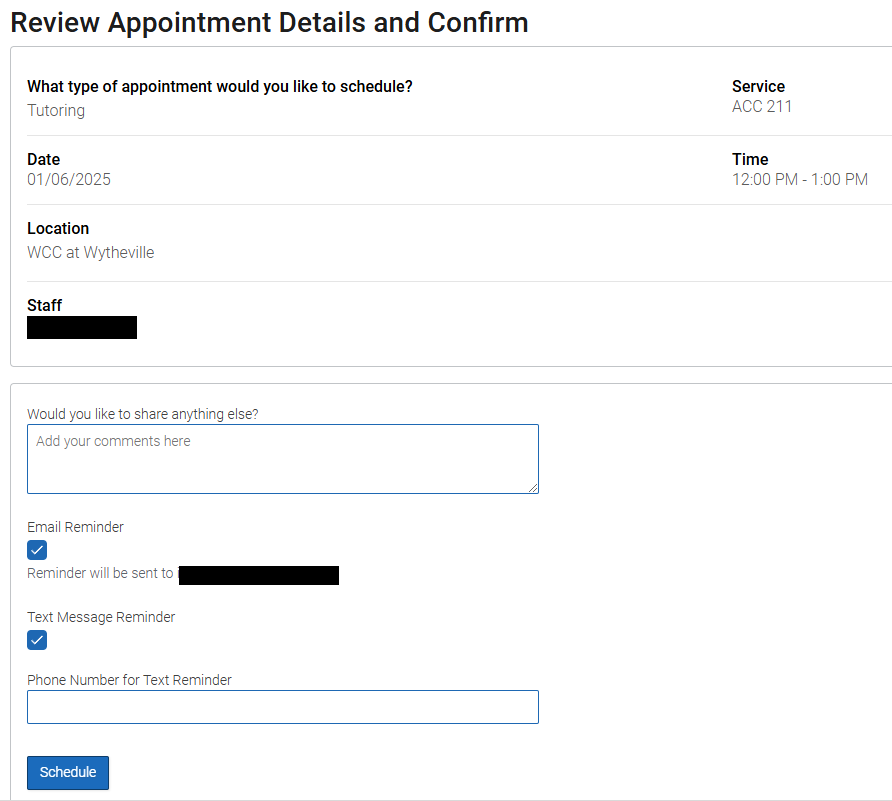 appointment confirmation page in Navigate