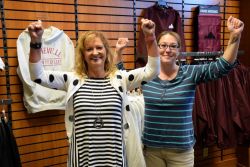 Bookstore staff members, Marsha and Tabitha, celebrate meeting the challenge
