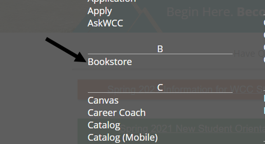 Screenshot with Arrow Pointing to Bookstore link within the A-Z menu