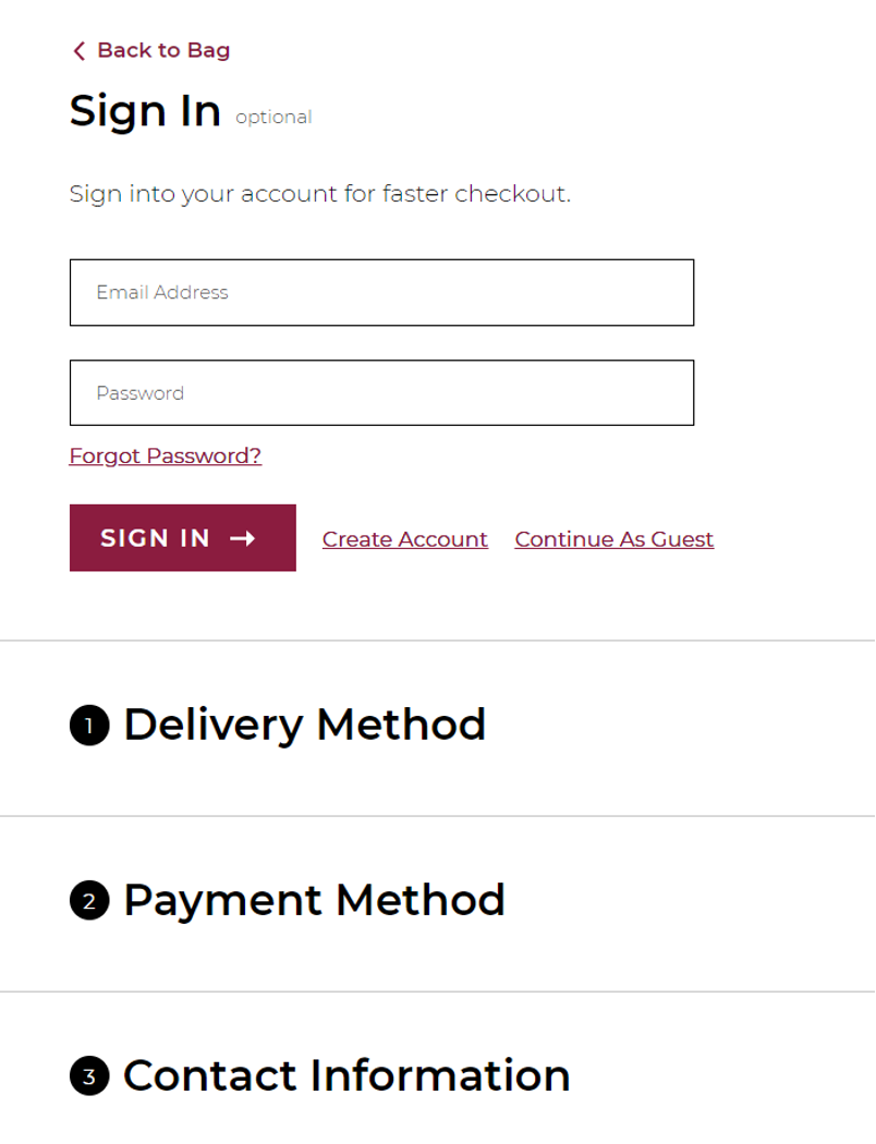 Screenshot of Sign In page with links to create account or continue as guest