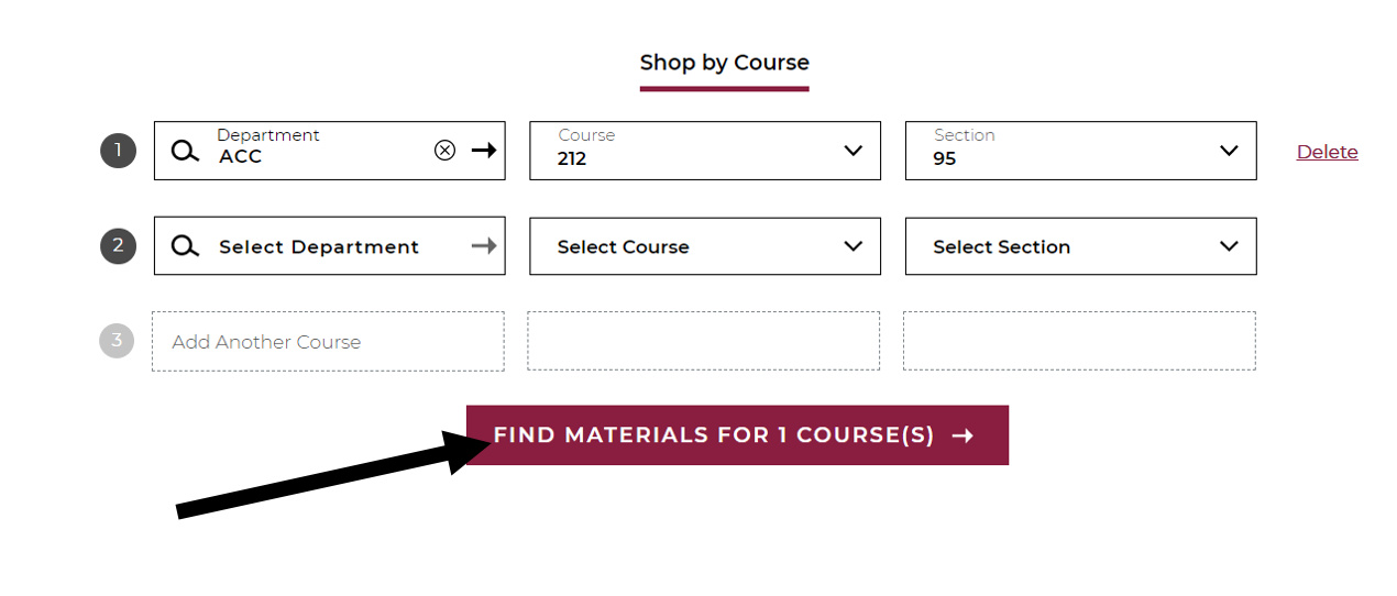 Screenshot with Arrow pointing to Find Materials for Courses button below course dropdown selections