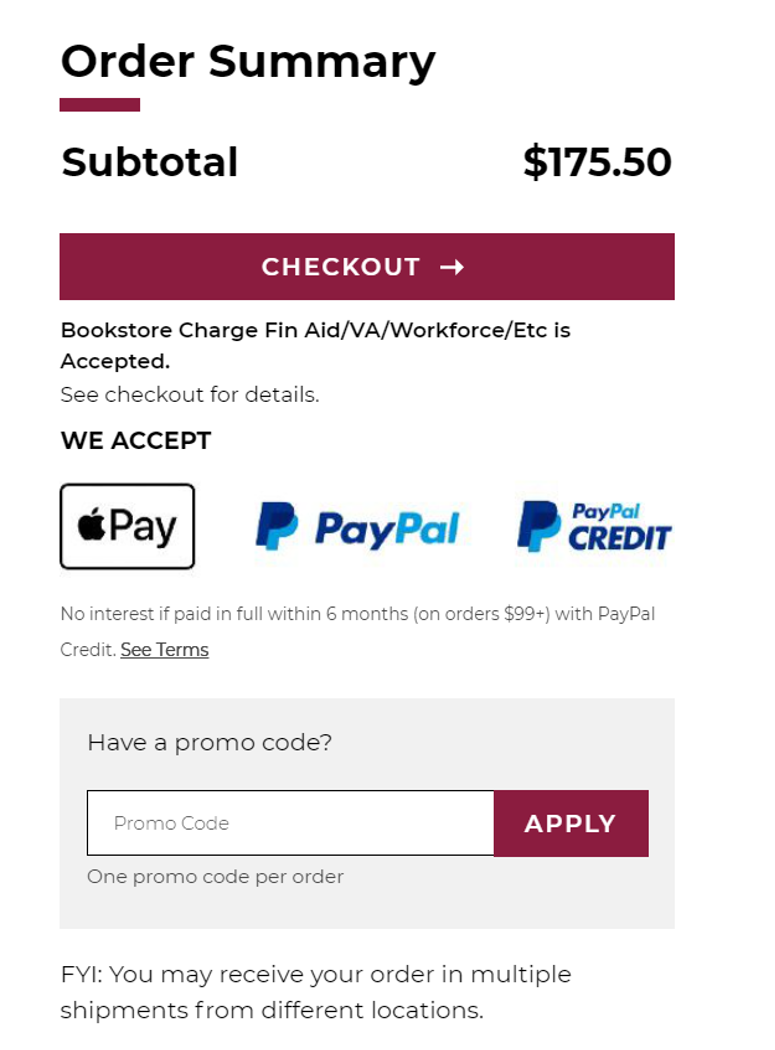 Screenshot of Order Summary page with order subtotal, checkout button, and forms of payment accepted listed