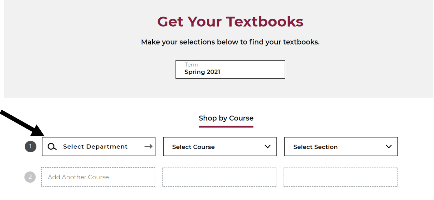 Screenshot with arrow pointing to dropdowns for department, course, and section for shoping textbooks by course