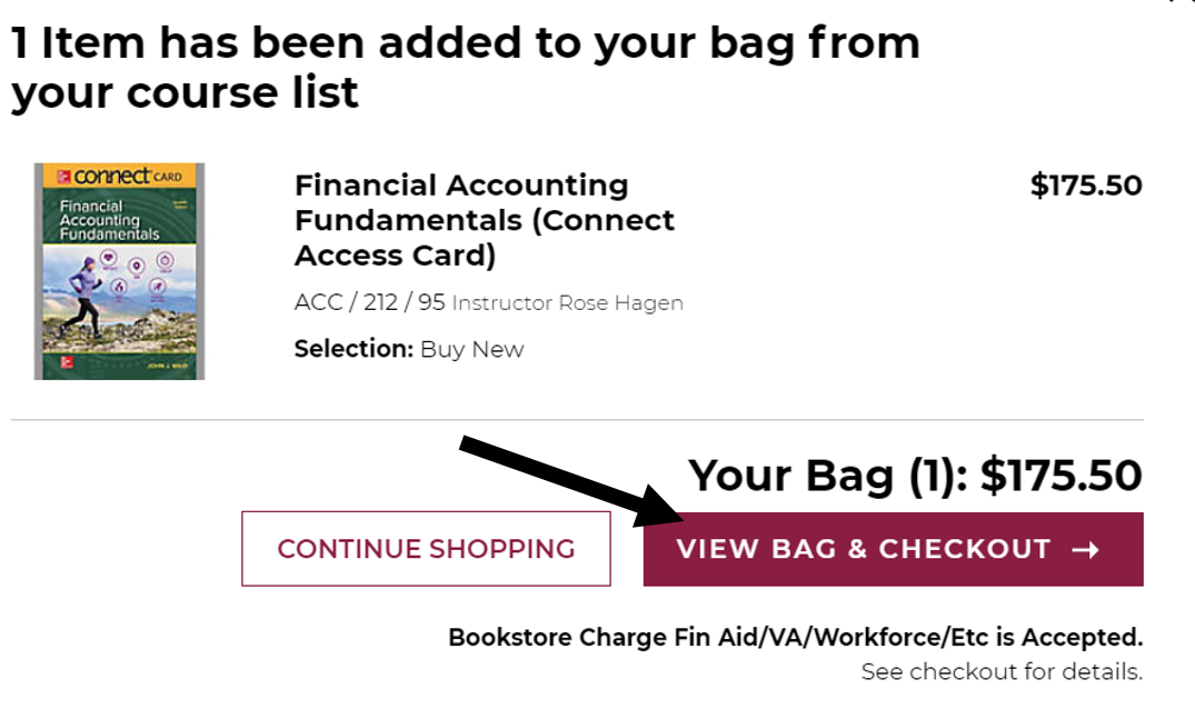 Screenshot with arrow pointing to View Bag and Checkout button
