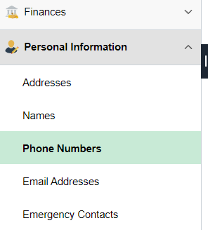 Phone Numbers link on side menu under the personal information tab