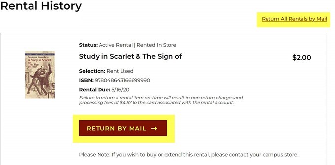 Return by Mail button under textbook listing on rental history page